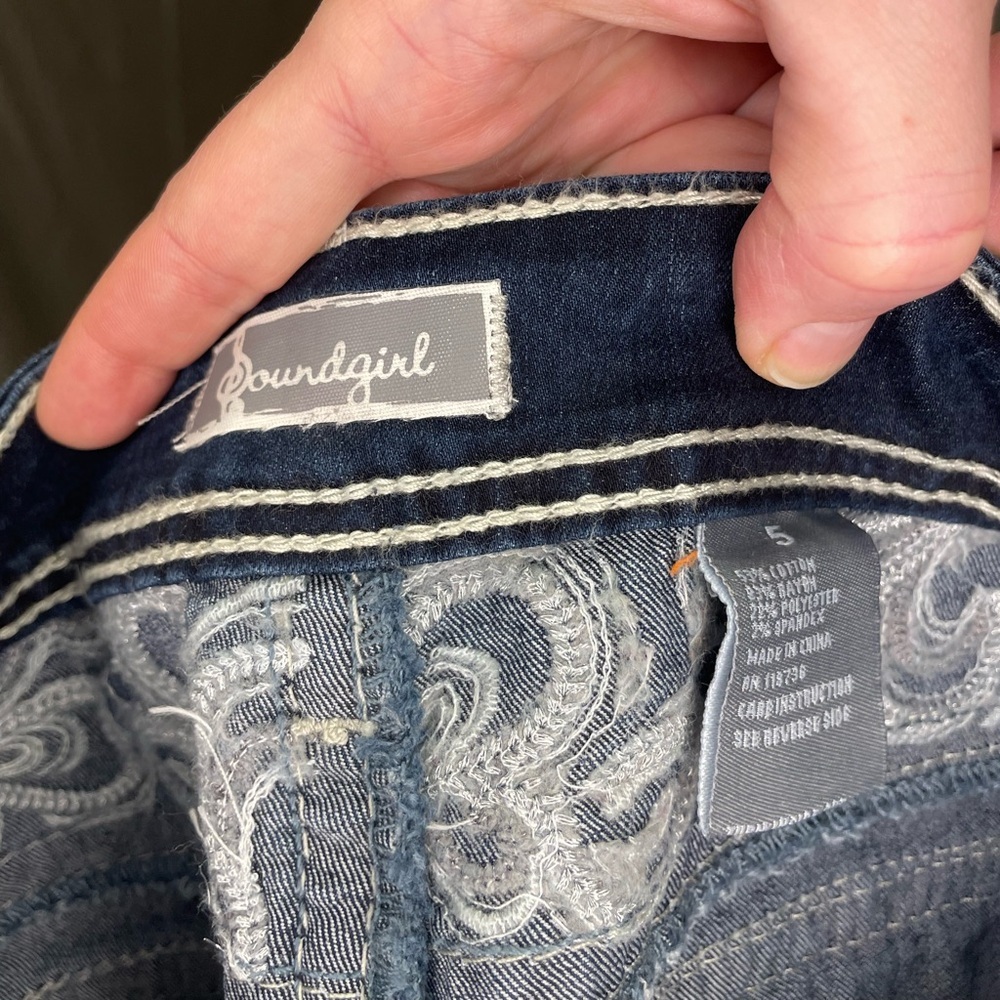 Soundgirl Vintage Y2K Dark Blue Boot Cut Jeans with Embroidered Sequin Pockets - Picture 3 of 13